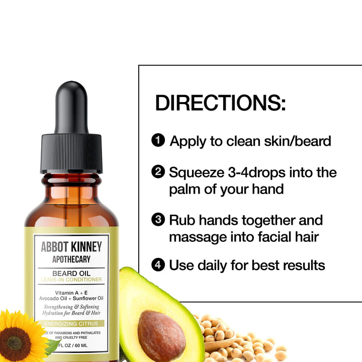 Softening Beard and Mustache Oil, Strengthens and Conditions, Energizing Citrus, 2oz by Abbot Kinney Apothecary by  Los Angeles Brands