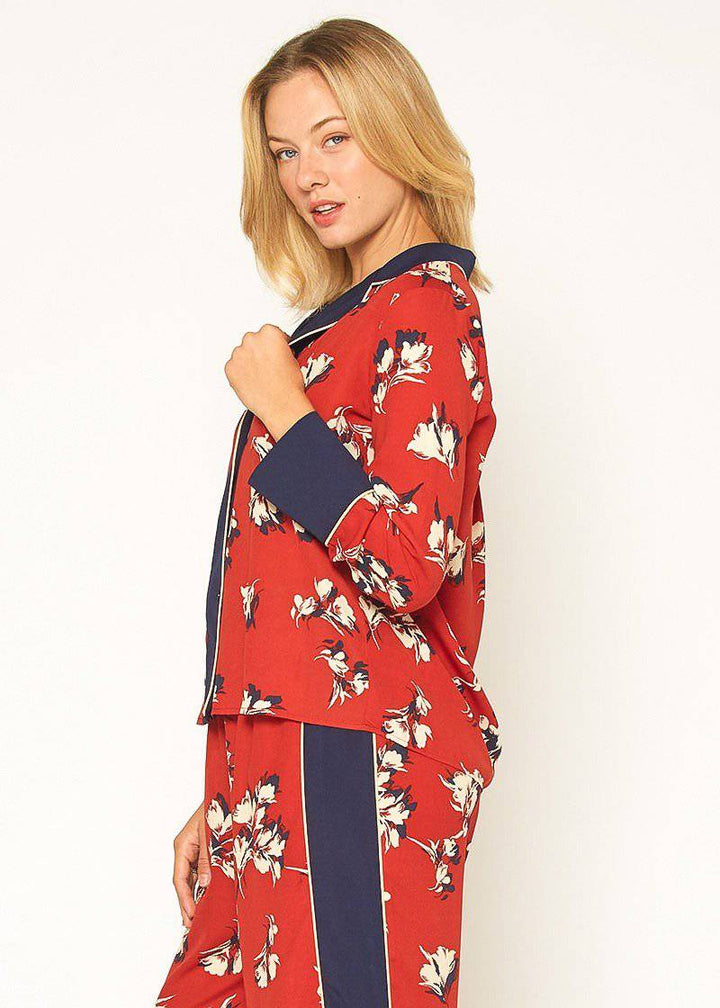 Floral Navy Contrast Pajama Blouse by Shop at Konus