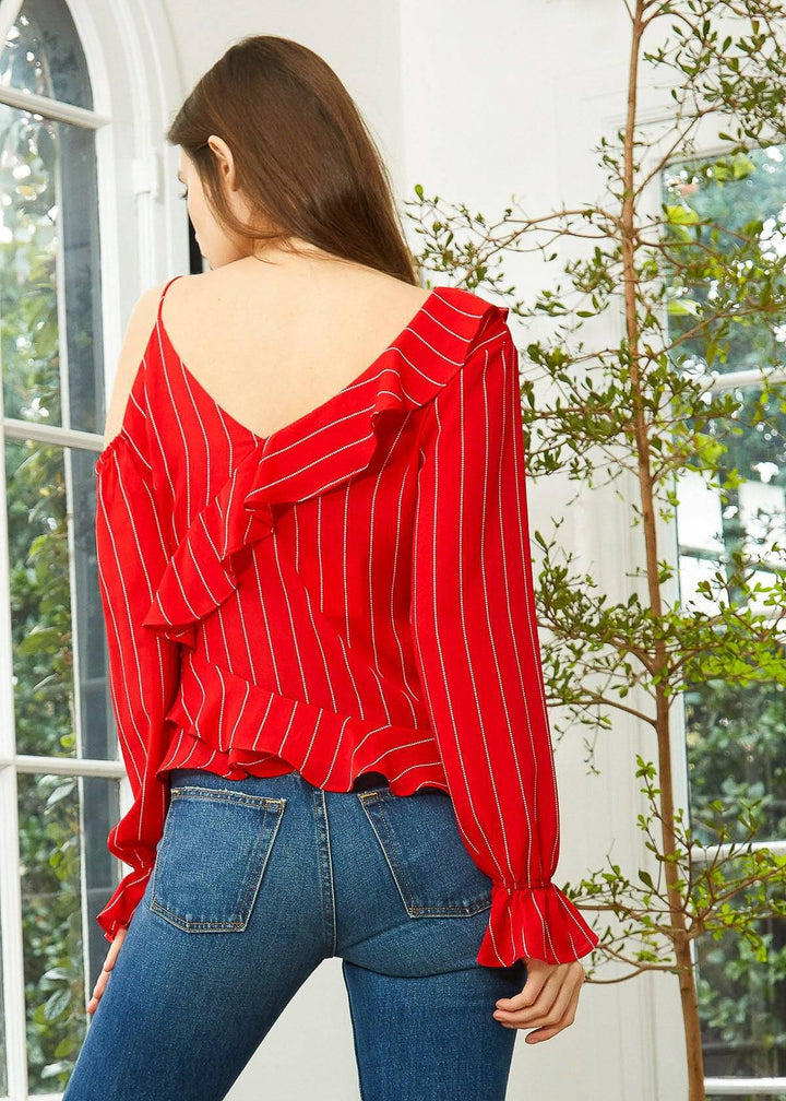 Women's Asymmetrical Shoulder Ruffle Blouse in Red by Shop at Konus