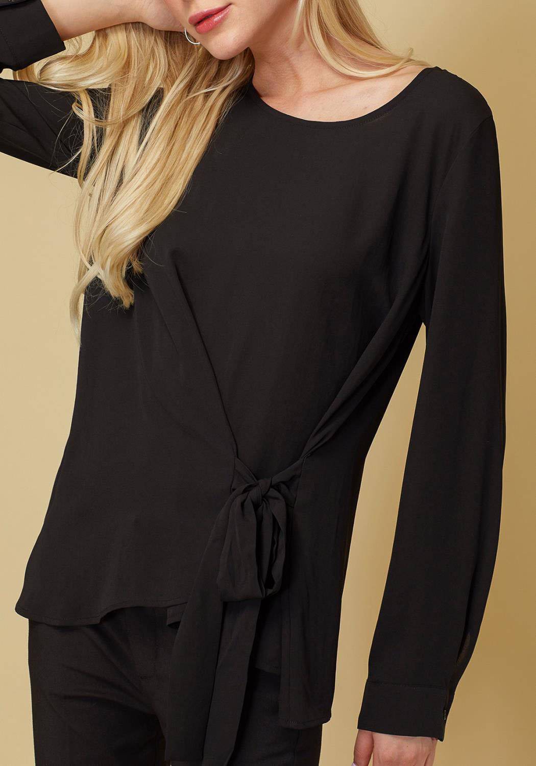 Women's Self-Tie Wrap Front Blouse in Black by Shop at Konus