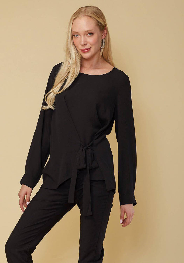 Women's Self-Tie Wrap Front Blouse in Black by Shop at Konus
