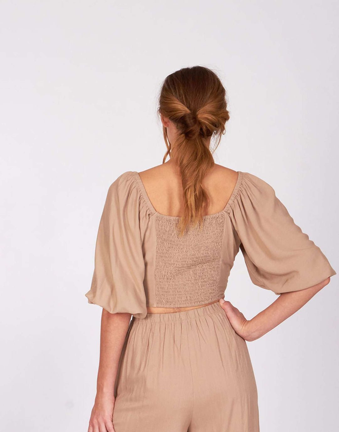 Almond Puff Sleeve Carolina Crop Top by LUVMEMORE