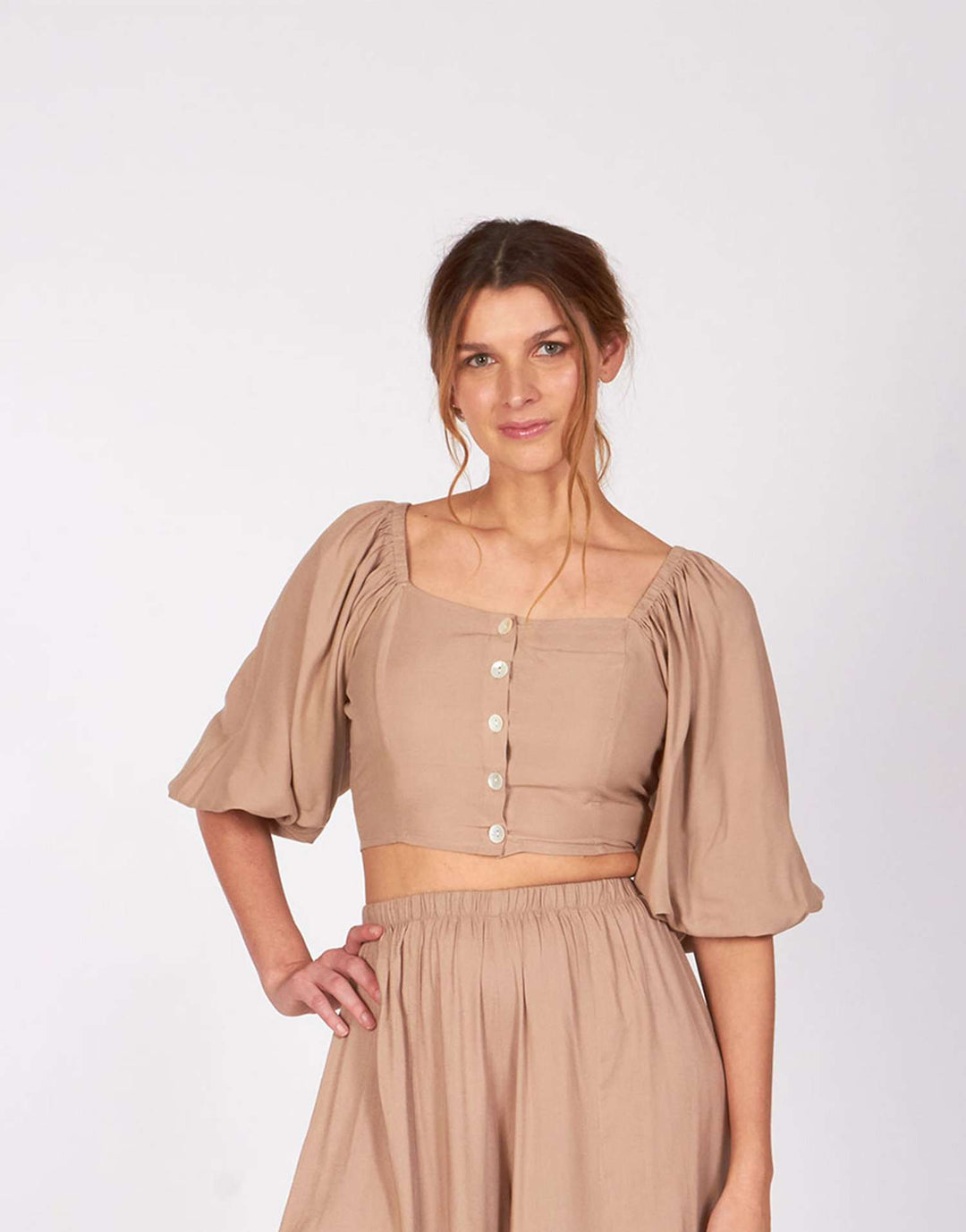 Almond Puff Sleeve Carolina Crop Top by LUVMEMORE