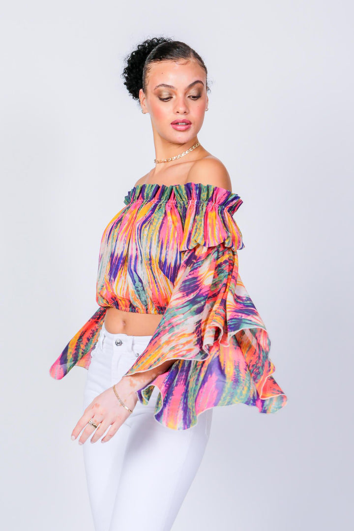 Bright Stripe Brittney Off The Shoulder Bell Sleeve Top by LUVMEMORE