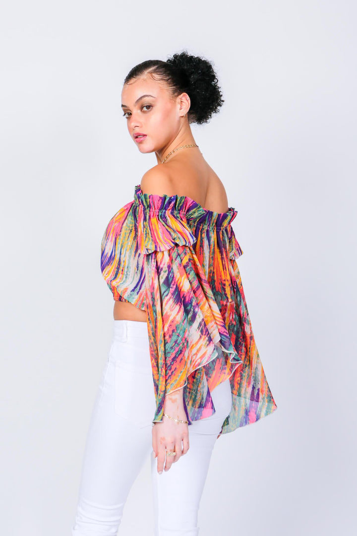 Bright Stripe Brittney Off The Shoulder Bell Sleeve Top by LUVMEMORE