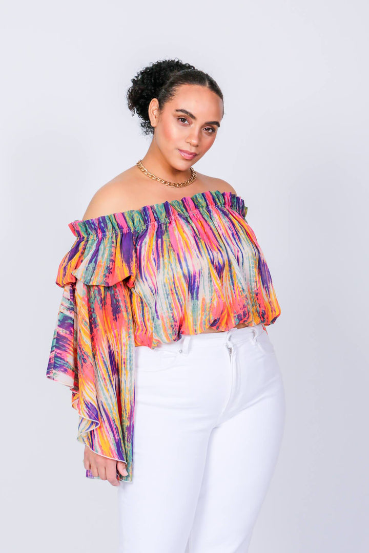 Bright Stripe Brittney Off The Shoulder Bell Sleeve Top by LUVMEMORE