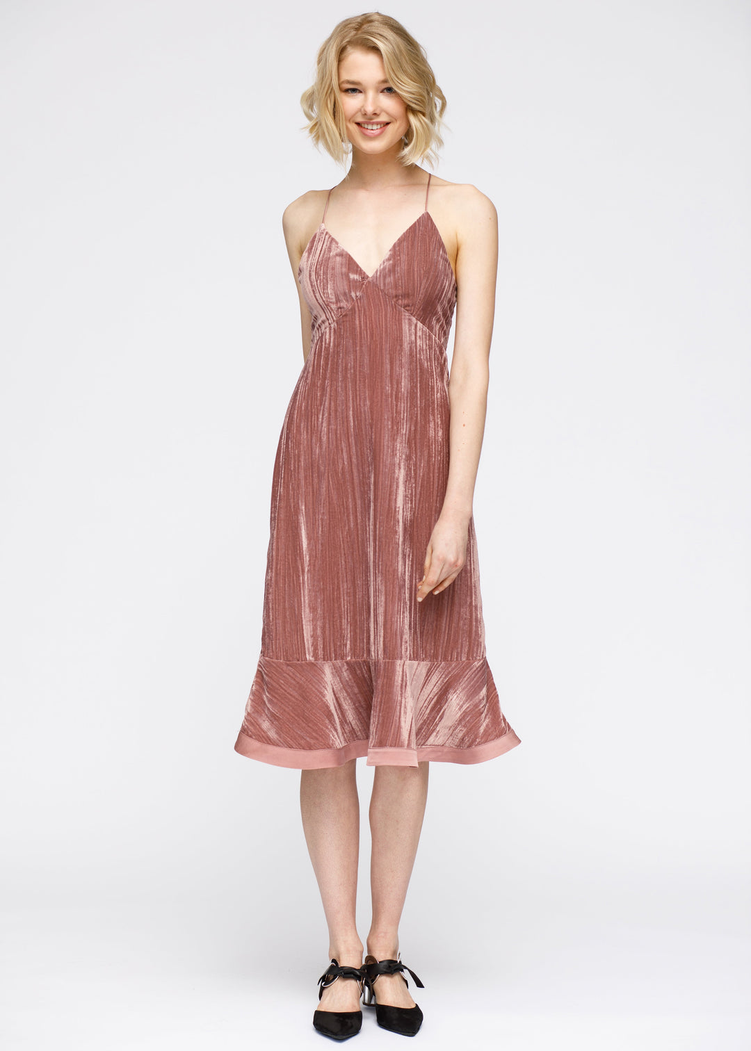 Velvet Spaghetti Strap Ruffle Hem Midi Dress In Rogue by Shop at Konus